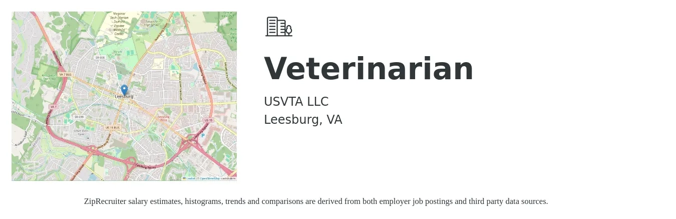 USVTA job posting for a Veterinarian in Leesburg, VA with a salary of $113,300 to $220,500 Yearly with a map of Leesburg location.
