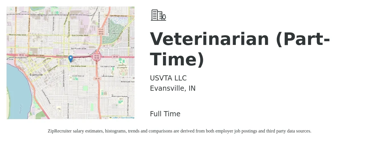 USVTA LLC job posting for a Veterinarian (Part-Time) in Evansville, IN with a salary of $97,500 to $189,700 Yearly with a map of Evansville location.