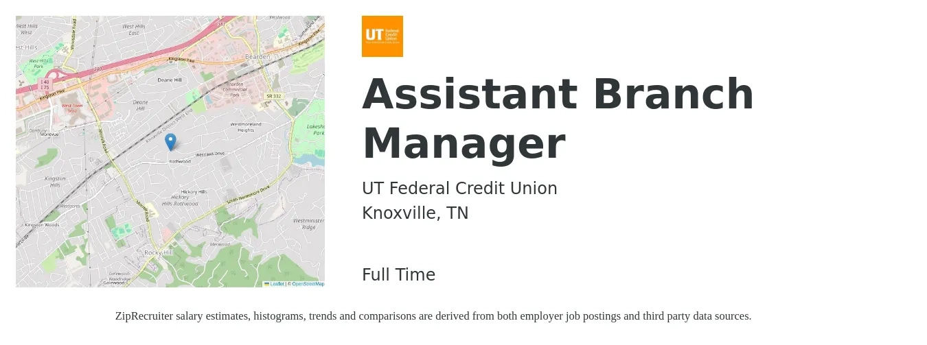 UT Federal Credit Union job posting for a Assistant Branch Manager in Knoxville, TN with a salary of $43,400 to $60,200 Yearly with a map of Knoxville location.