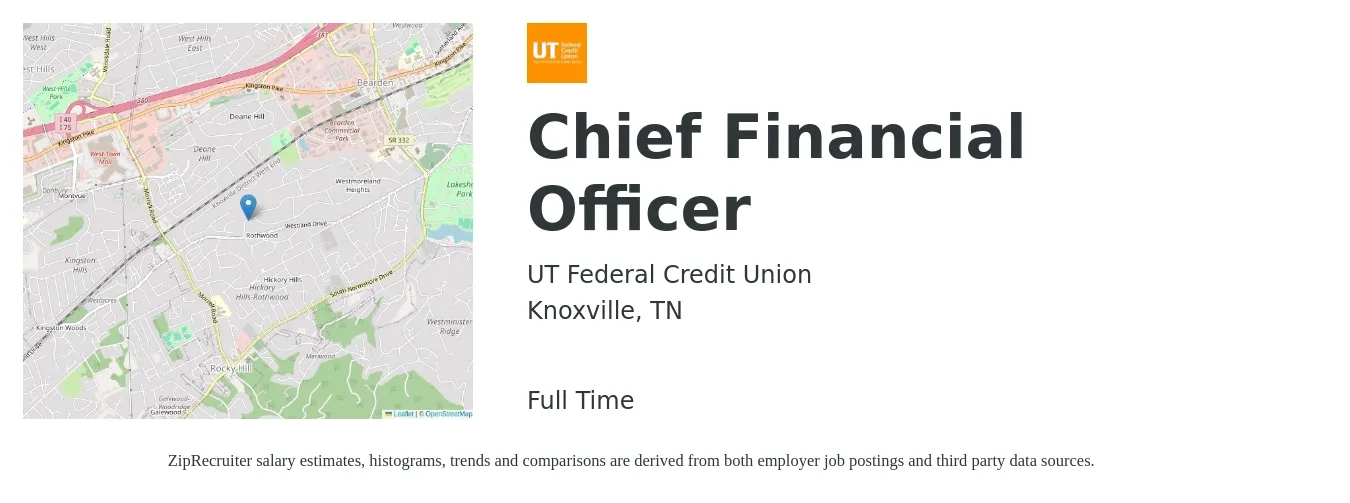 UT Federal Credit Union job posting for a Chief Financial Officer (Onsite) in Knoxville, TN with a salary of $116,300 to $329,900 Yearly with a map of Knoxville location.