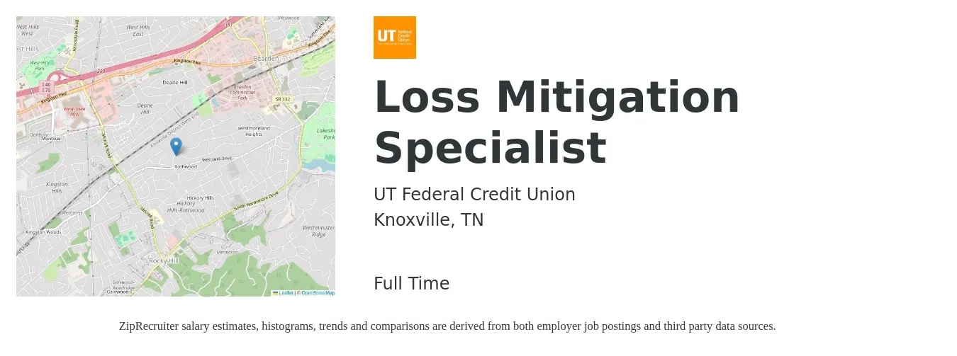 UT Federal Credit Union job posting for a Loss Mitigation Specialist in Knoxville, TN with a salary of $16 to $24 Hourly with a map of Knoxville location.