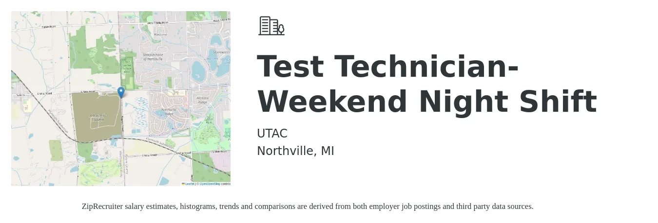 UTAC job posting for a Test Technician- Weekend Night Shift in Northville, MI with a salary of $20 to $28 Hourly with a map of Northville location.