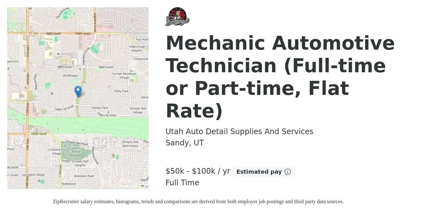 Utah Auto Detail Supplies And Services job posting for a Mechanic Automotive Technician (Full-time or Part-time, Flat Rate) in Sandy, UT with a salary of $50,000 to $100,000 Yearly with a map of Sandy location.