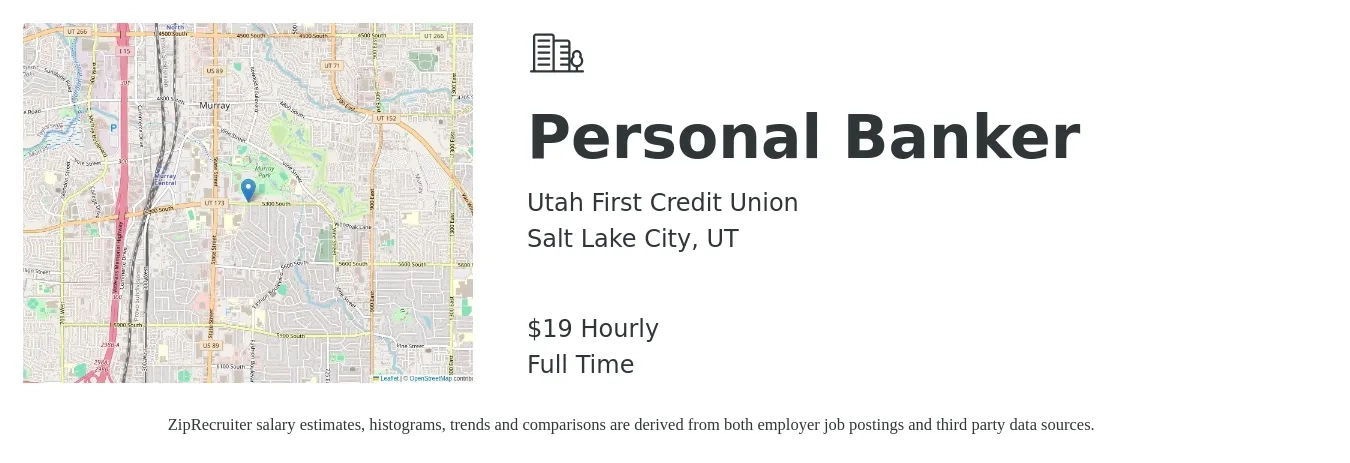Utah First Credit Union job posting for a Personal Banker in Salt Lake City, UT with a salary of $20 to $22 Hourly with a map of Salt Lake City location.