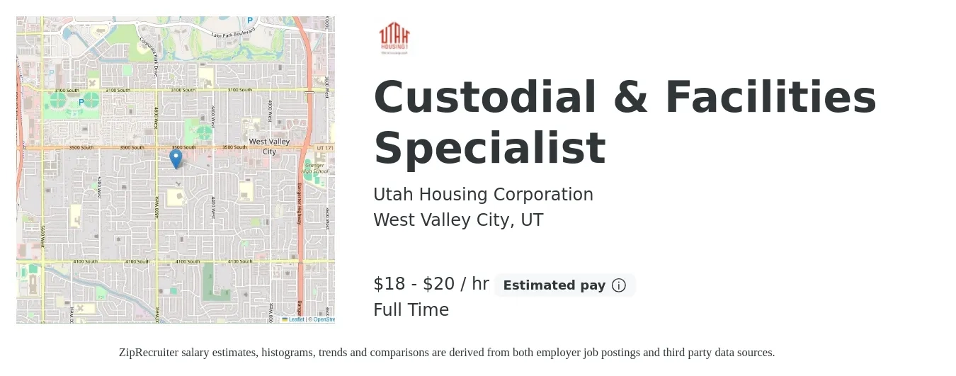 Utah Housing Corporation job posting for a Custodial & Facilities Specialist in West Valley City, UT with a salary of $19 to $21 Hourly with a map of West Valley City location.
