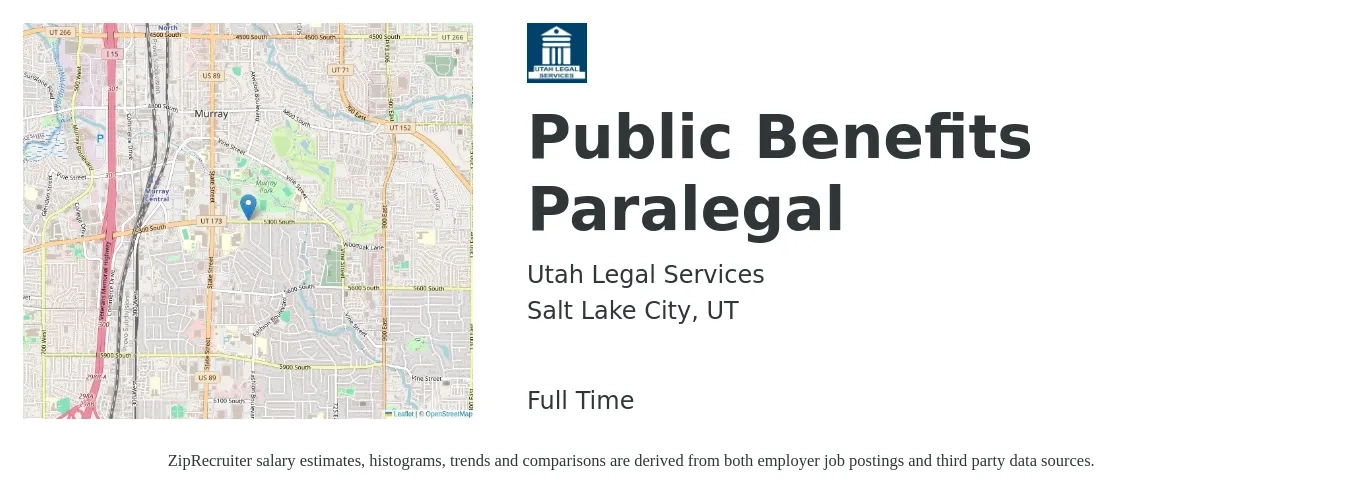 Utah Legal Services job posting for a Public Benefits Paralegal in Salt Lake City, UT with a salary of $20 Hourly with a map of Salt Lake City location.