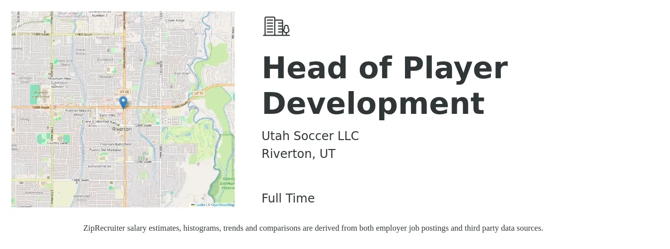 Utah Soccer LLC job posting for a Head of Player Development in Riverton, UT with a map of Riverton location.