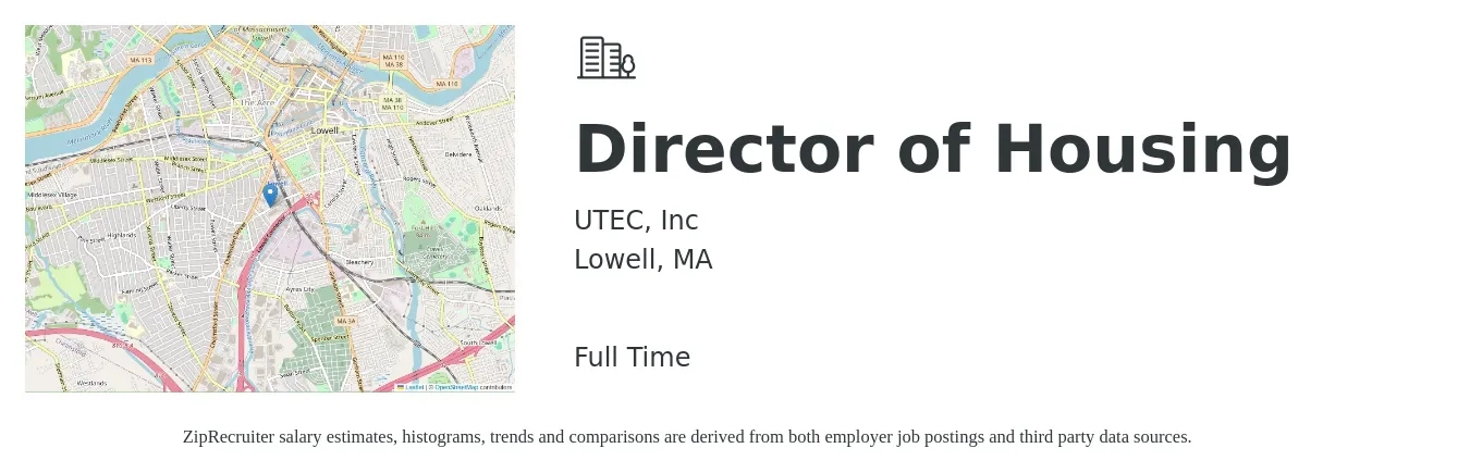 UTEC, Inc job posting for a Director of Housing in Lowell, MA with a salary of $72,400 to $117,000 Yearly with a map of Lowell location.