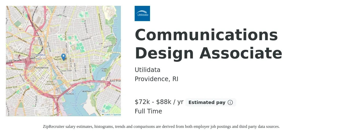 Utilidata job posting for a Communications Design Associate in Providence, RI with a salary of $72,000 to $88,000 Yearly with a map of Providence location.