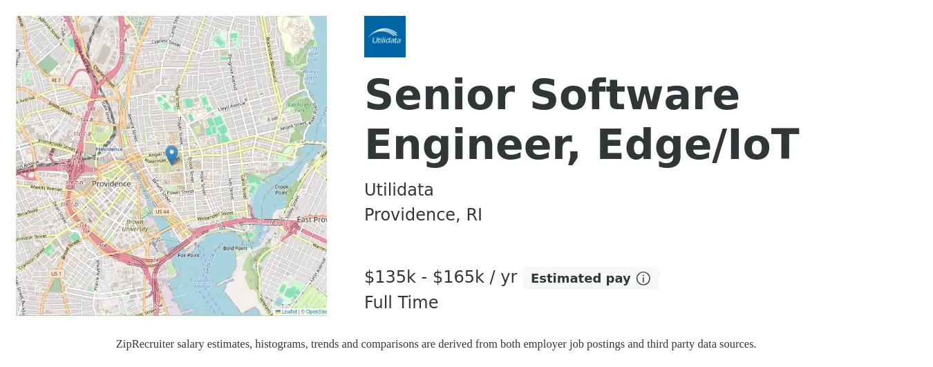 Utilidata job posting for a Senior Software Engineer, Edge/IoT in Providence, RI with a salary of $135,000 to $165,000 Yearly with a map of Providence location.
