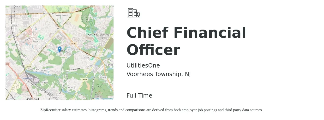 UtilitiesOne job posting for a Chief Financial Officer in Voorhees Township, NJ with a salary of $143,300 to $406,500 Yearly with a map of Voorhees Township location.