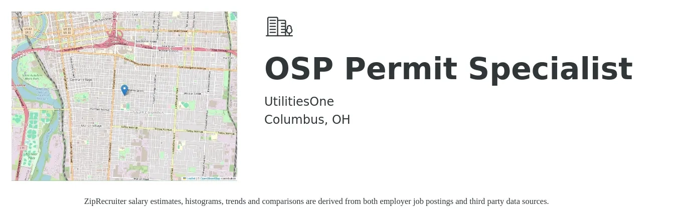UtilitiesOne job posting for a OSP Permit Specialist in Columbus, OH with a salary of $20 to $35 Hourly with a map of Columbus location.