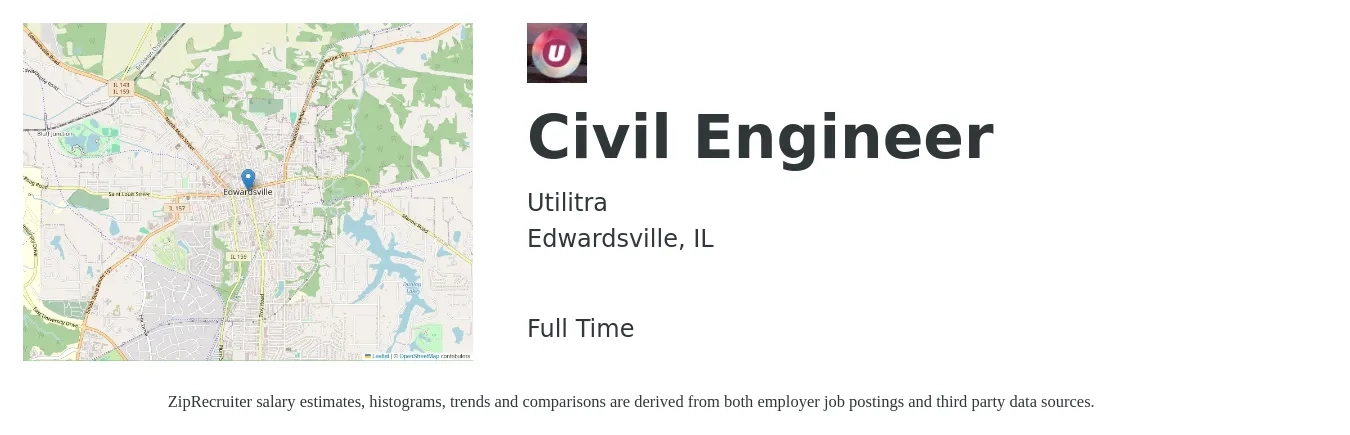Utilitra job posting for a Civil Engineer in Edwardsville, IL with a salary of $63,300 to $92,400 Yearly with a map of Edwardsville location.