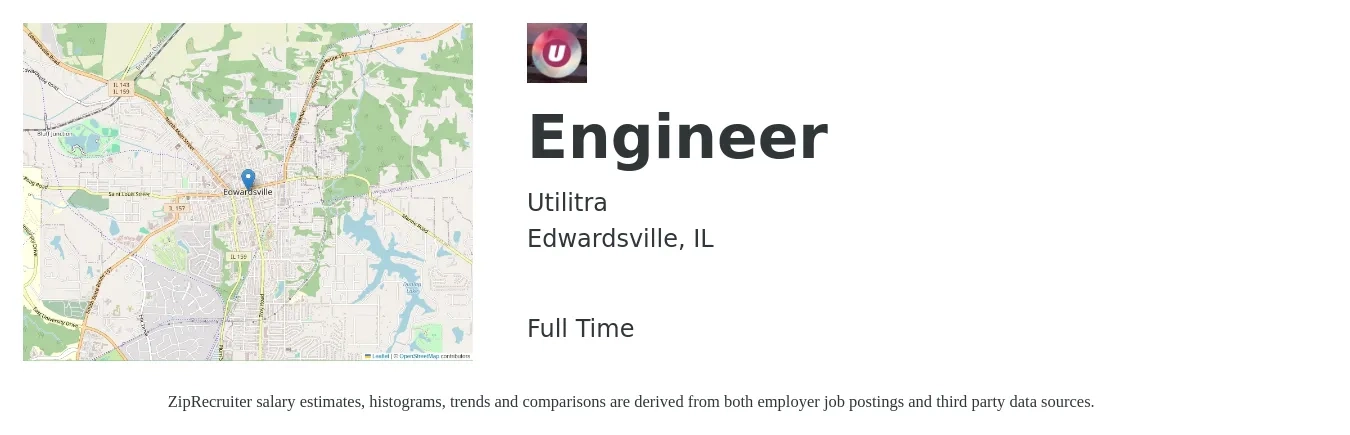 Utilitra job posting for a Engineer in Edwardsville, IL with a salary of $78,800 to $109,300 Yearly with a map of Edwardsville location.