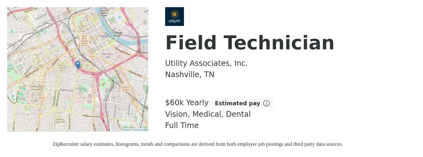Utility Associates, Inc. job posting for a Field Technician in Nashville, TN with a salary of $60,000 Yearly and benefits including life_insurance, medical, retirement, vision, and dental with a map of Nashville location.