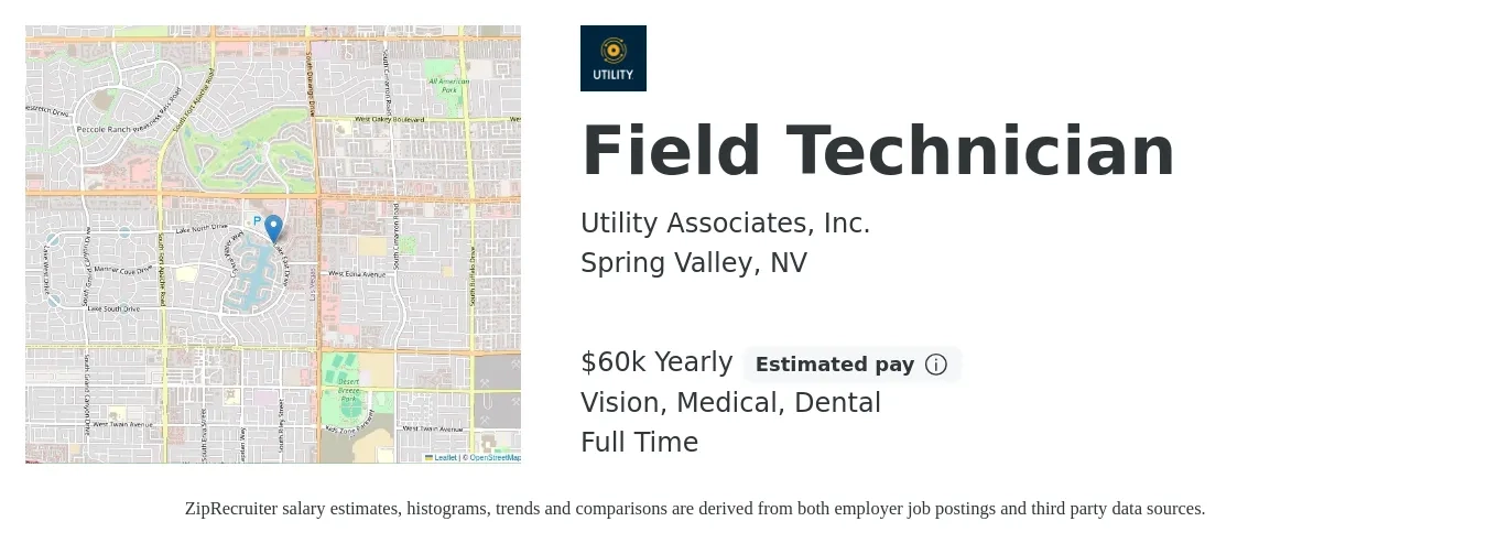 Utility Associates, Inc. job posting for a Field Technician in Spring Valley, NV with a salary of $60,000 Yearly and benefits including vision, dental, life_insurance, medical, and retirement with a map of Spring Valley location.