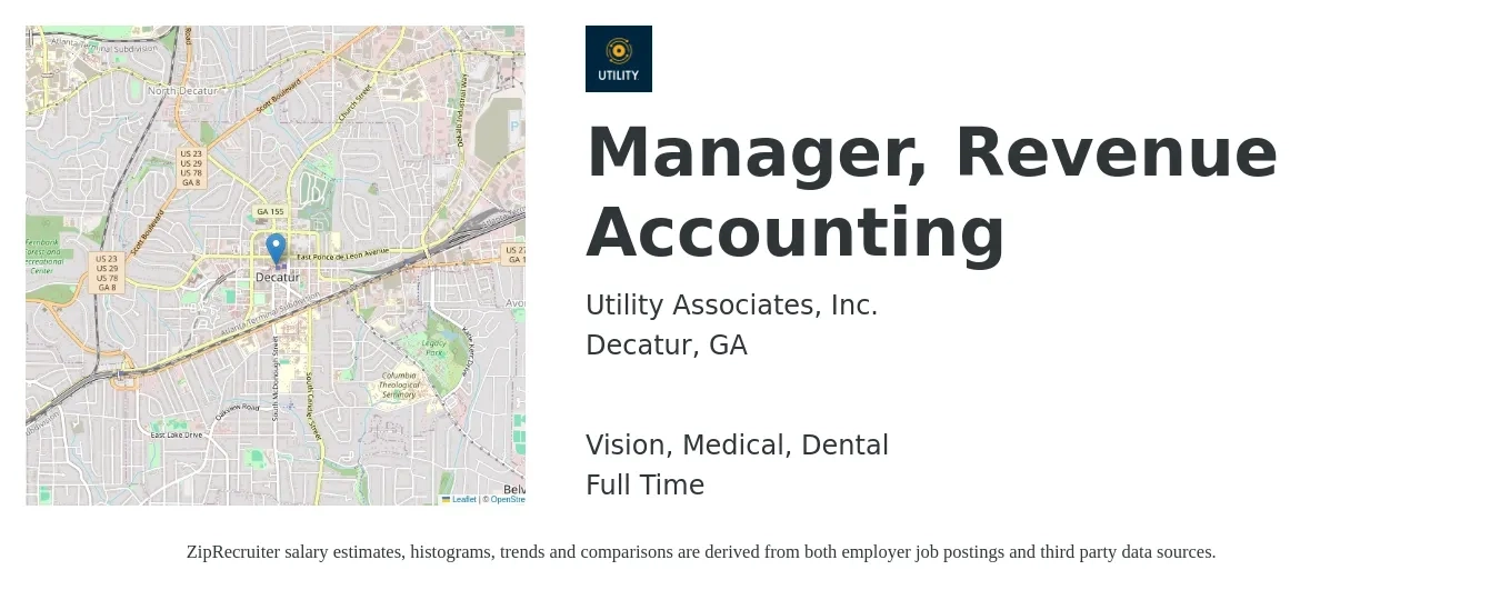 Utility Associates, Inc. job posting for a Manager, Revenue Accounting in Decatur, GA with a salary of $96,700 to $182,100 Yearly and benefits including dental, life_insurance, medical, retirement, and vision with a map of Decatur location.