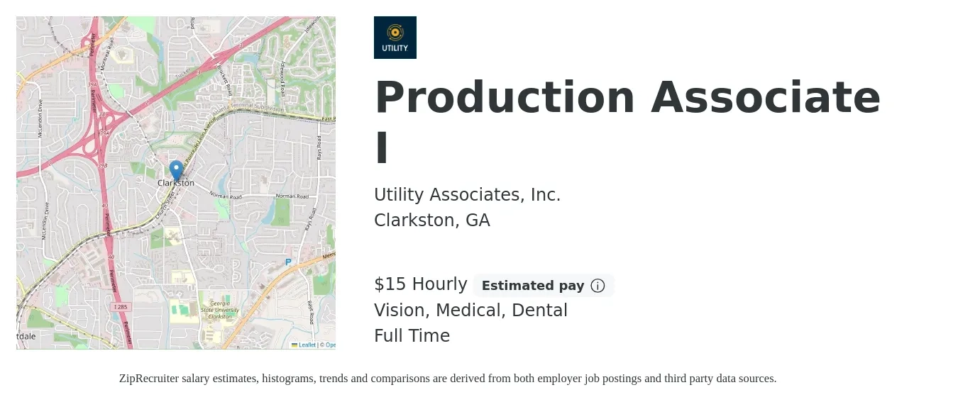 Utility Associates, Inc. job posting for a Production Associate I in Clarkston, GA with a salary of $16 Hourly and benefits including medical, retirement, vision, dental, and life_insurance with a map of Clarkston location.