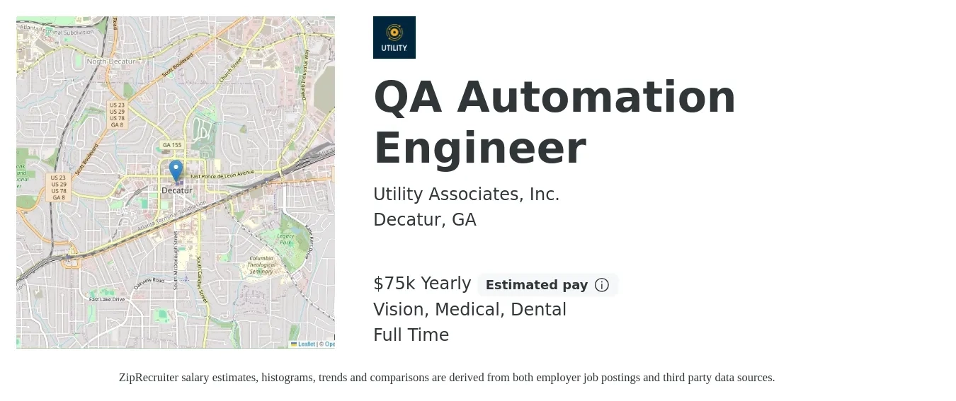 Utility Associates, Inc. job posting for a QA Automation Engineer in Decatur, GA with a salary of $75,000 Yearly and benefits including dental, life_insurance, medical, retirement, and vision with a map of Decatur location.