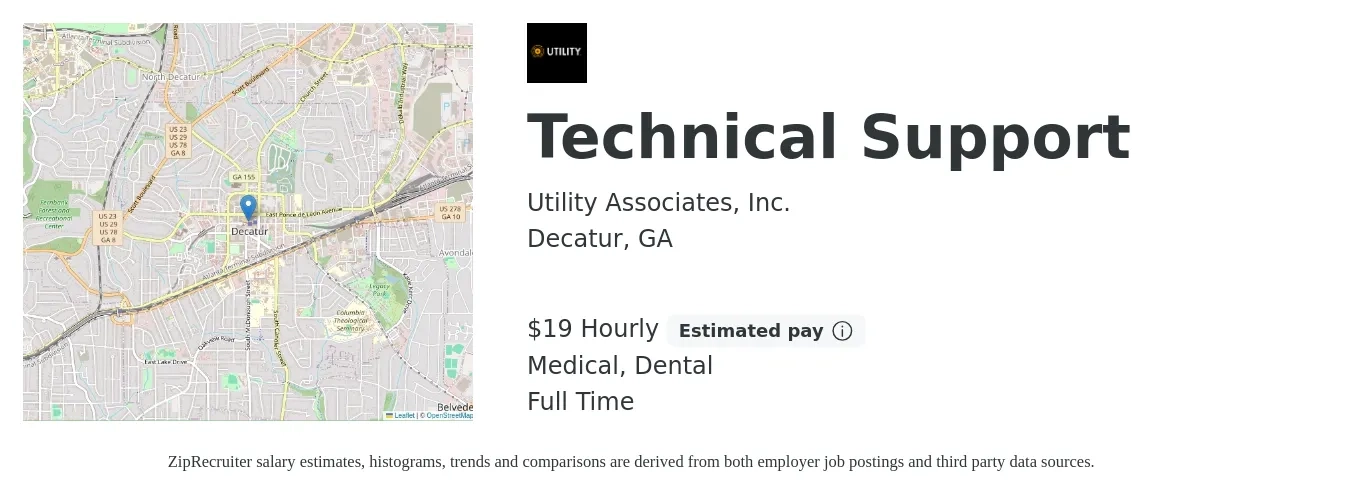 Utility Associates, Inc. job posting for a Technical Support in Decatur, GA with a salary of $20 Hourly and benefits including medical, retirement, vision, dental, and life_insurance with a map of Decatur location.