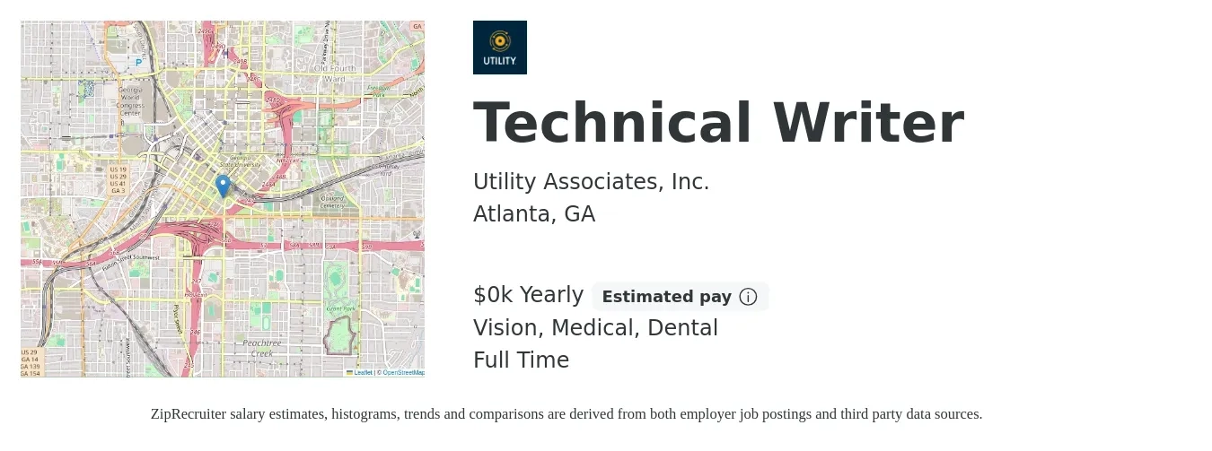 Utility Associates, Inc. job posting for a Technical Writer in Atlanta, GA with a salary of $85 Yearly and benefits including dental, life_insurance, medical, retirement, and vision with a map of Atlanta location.