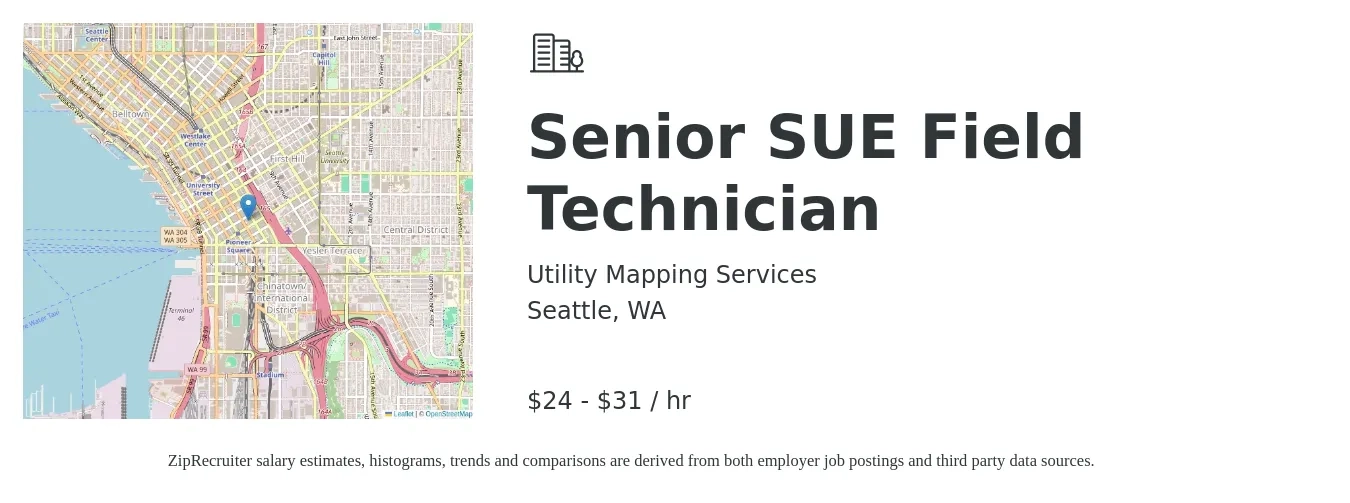 Utility Mapping Services job posting for a Senior SUE Field Technician in Seattle, WA with a salary of $26 to $35 Hourly with a map of Seattle location.