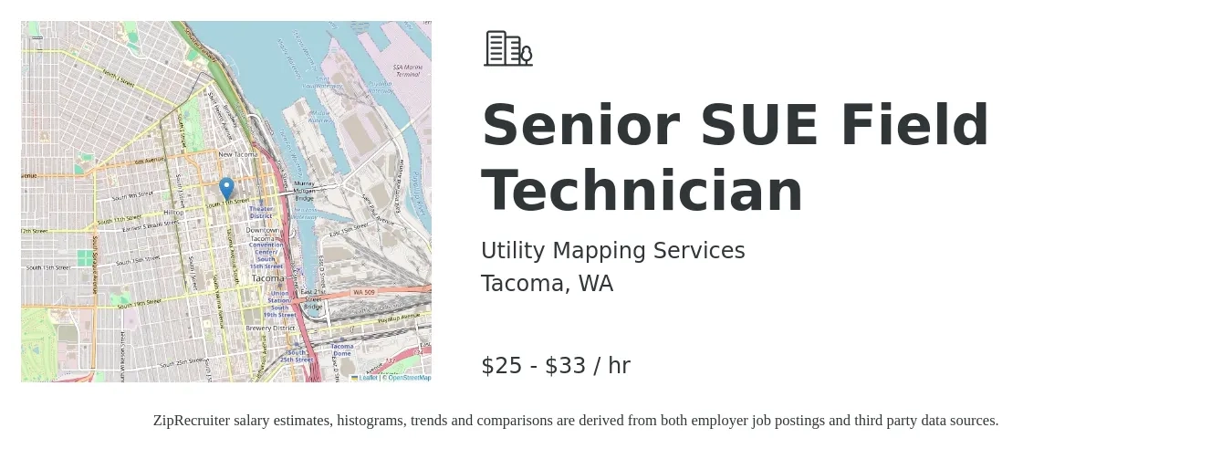 Utility Mapping Services job posting for a Senior SUE Field Technician in Tacoma, WA with a salary of $26 to $35 Hourly with a map of Tacoma location.