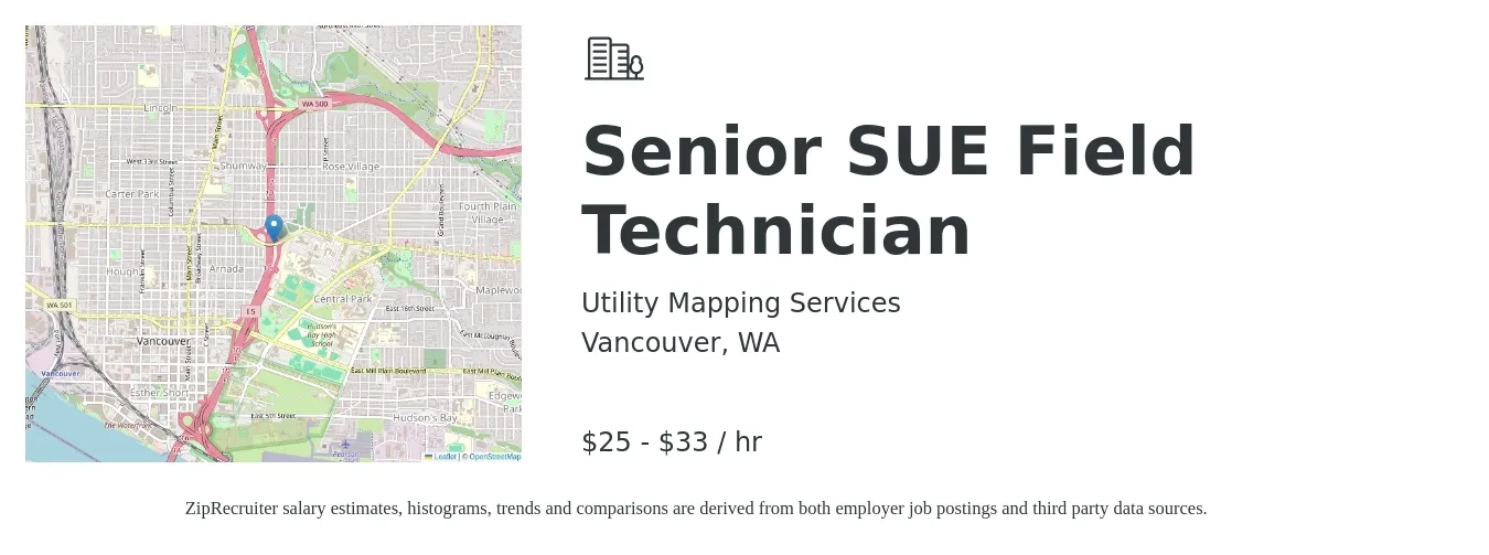 Utility Mapping Services job posting for a Senior SUE Field Technician in Vancouver, WA with a salary of $26 to $35 Hourly with a map of Vancouver location.