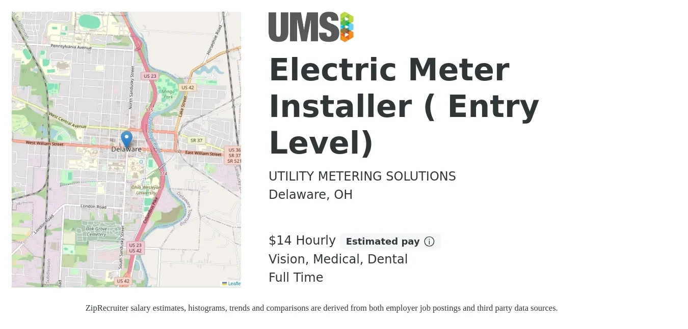 UTILITY METERING SOLUTIONS job posting for a Electric Meter Installer ( Entry Level) in Delaware, OH with a salary of $15 Hourly and benefits including dental, life_insurance, medical, retirement, and vision with a map of Delaware location.