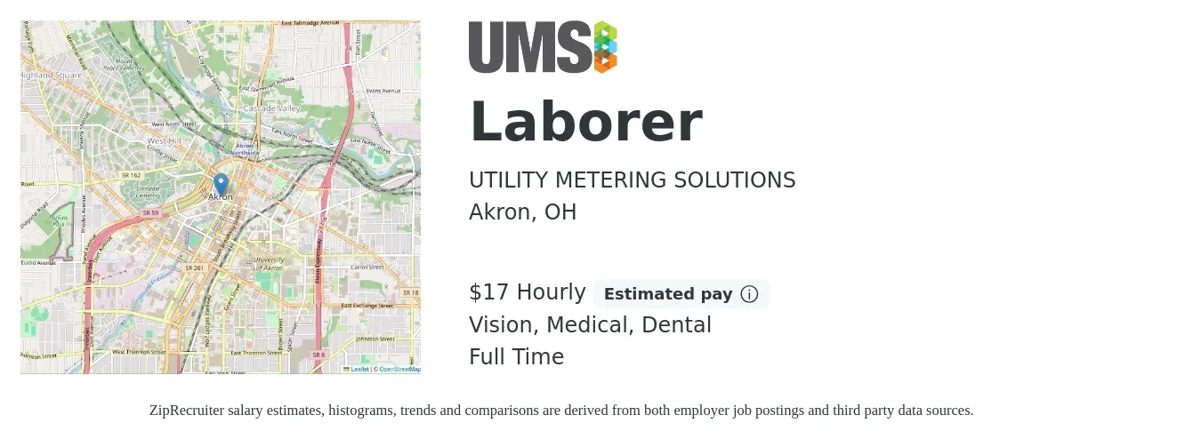 UTILITY METERING SOLUTIONS job posting for a Laborer in Akron, OH with a salary of $18 Hourly and benefits including life_insurance, medical, retirement, vision, and dental with a map of Akron location.