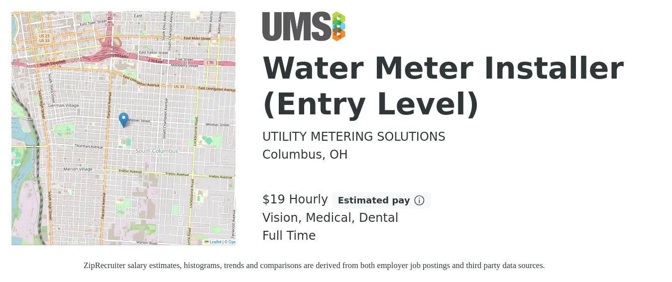 UTILITY METERING SOLUTIONS job posting for a Water Meter Installer (Entry Level) in Columbus, OH with a salary of $20 Hourly and benefits including retirement, vision, dental, life_insurance, and medical with a map of Columbus location.