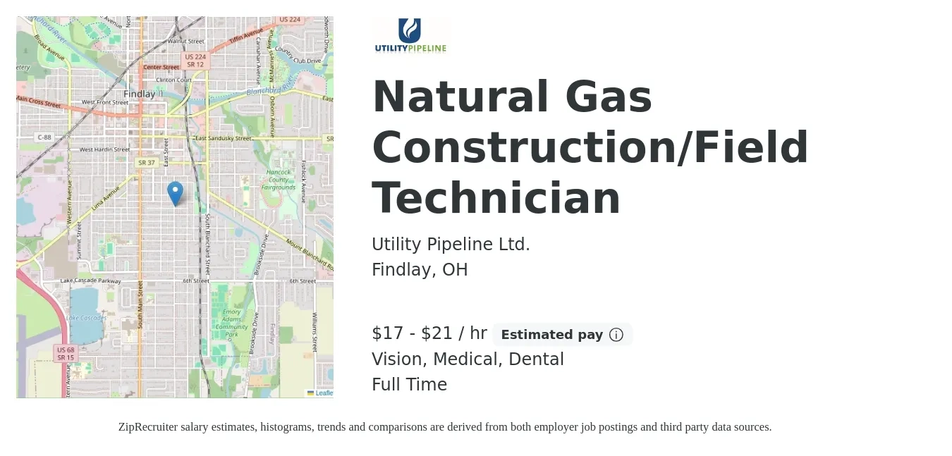 Utility Pipeline Ltd. job posting for a Natural Gas Construction/Field Technician in Findlay, OH with a salary of $17 to $24 Hourly and benefits including 401k, dental, life_insurance, medical, and vision with a map of Findlay location.