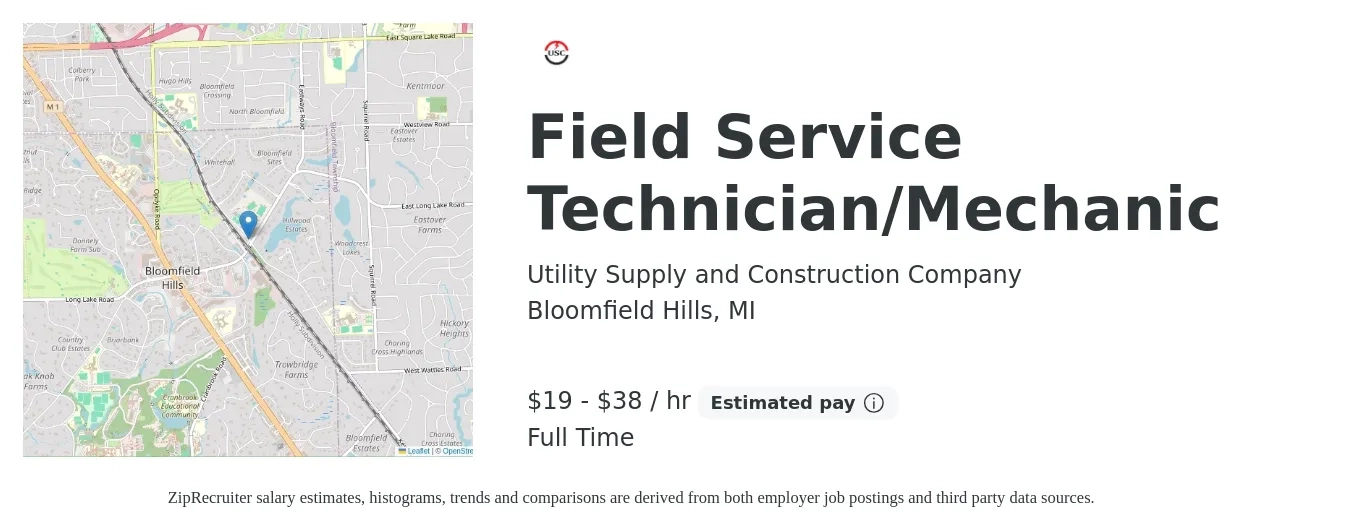 Utility Supply and Construction Company job posting for a Field Service Technician/Mechanic in Bloomfield Hills, MI with a salary of $20 to $40 Hourly with a map of Bloomfield Hills location.