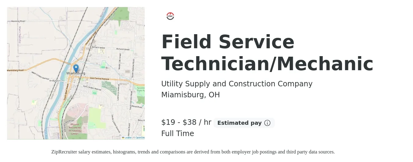 Utility Supply and Construction Company job posting for a Field Service Technician/Mechanic in Miamisburg, OH with a salary of $20 to $40 Hourly with a map of Miamisburg location.