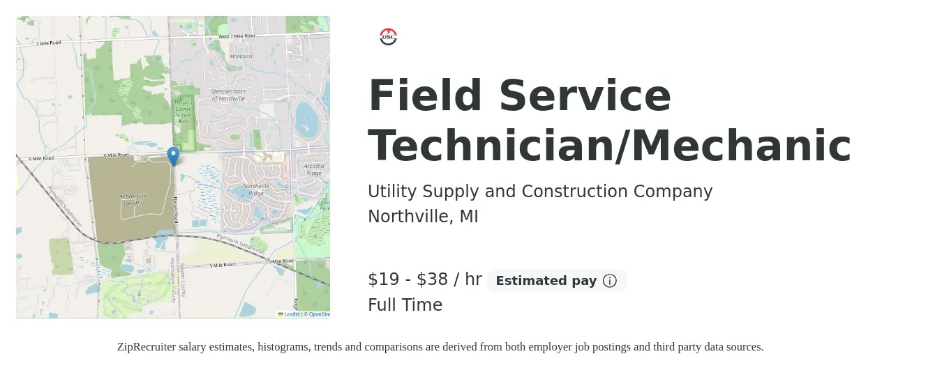 Utility Supply and Construction Company job posting for a Field Service Technician/Mechanic in Northville, MI with a salary of $20 to $40 Hourly with a map of Northville location.