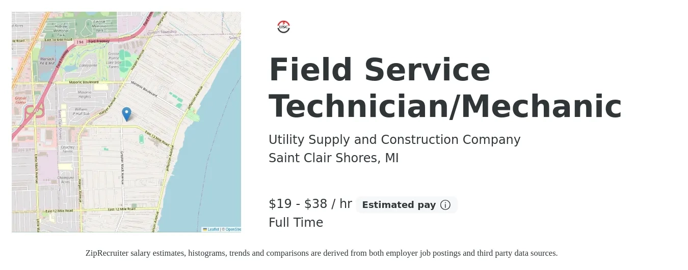 Utility Supply and Construction Company job posting for a Field Service Technician/Mechanic in Saint Clair Shores, MI with a salary of $20 to $40 Hourly with a map of Saint Clair Shores location.