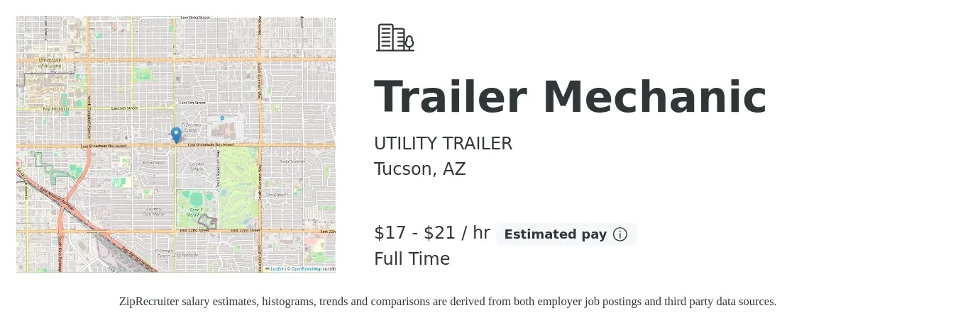 UTILITY TRAILER job posting for a Trailer Mechanic in Tucson, AZ with a salary of $18 to $22 Hourly with a map of Tucson location.