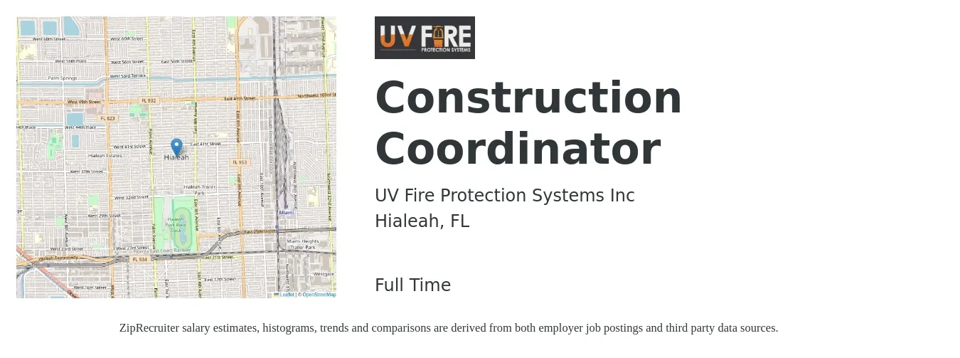 UV Fire Protection Systems Inc job posting for a Construction Coordinator in Hialeah, FL with a salary of $20 to $32 Hourly and benefits including pto with a map of Hialeah location.