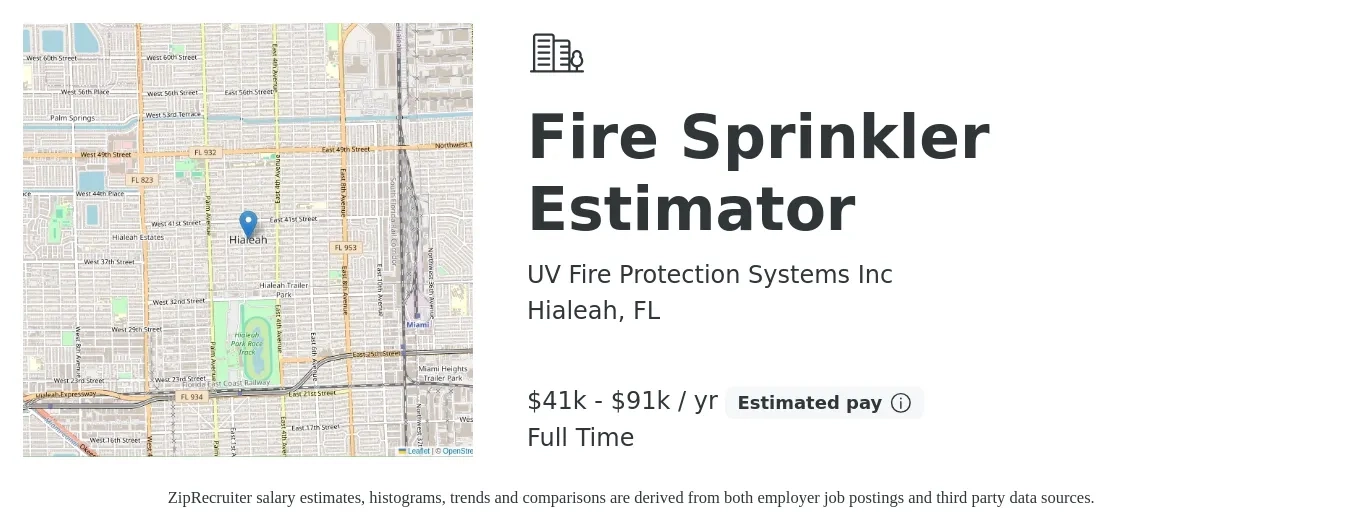 UV Fire Protection Systems Inc job posting for a Fire Sprinkler Estimator in Hialeah, FL with a salary of $41,600 to $91,600 Yearly with a map of Hialeah location.
