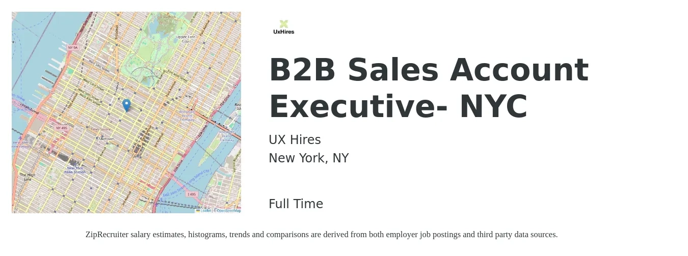 UX Hires job posting for a B2B Sales Account Executive- NYC in New York, NY with a salary of $100,000 Yearly with a map of New York location.