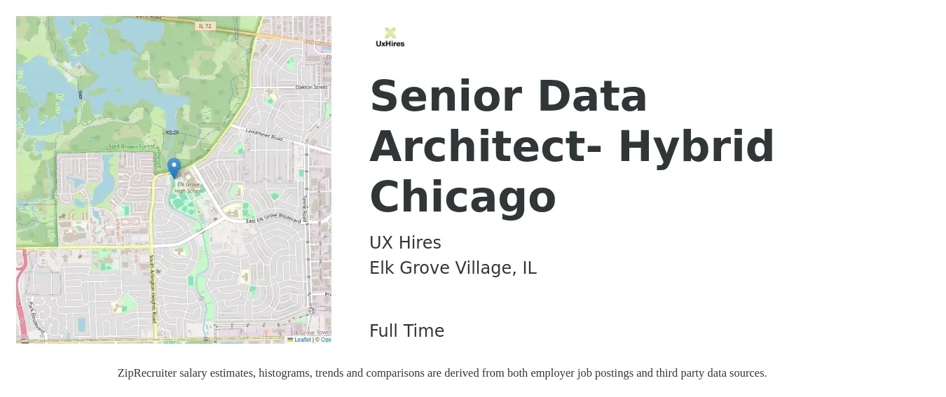 UX Hires job posting for a Senior Data Architect- Hybrid Chicago in Elk Grove Village, IL with a salary of $250,000 Yearly with a map of Elk Grove Village location.