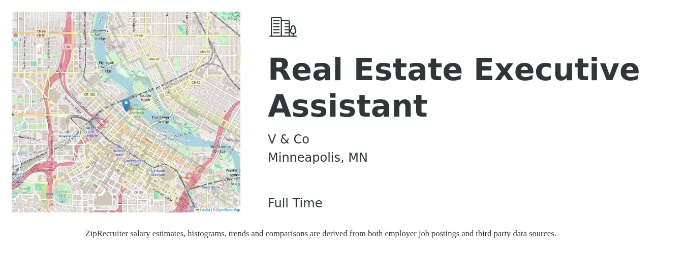 V & Co job posting for a Real Estate Executive Assistant in Minneapolis, MN with a salary of $70,000 to $80,000 Yearly with a map of Minneapolis location.