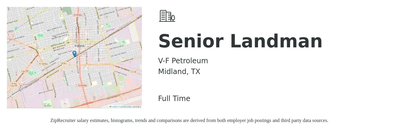 V-F Petroleum job posting for a Senior Landman in Midland, TX with a salary of $108,000 to $155,600 Yearly with a map of Midland location.