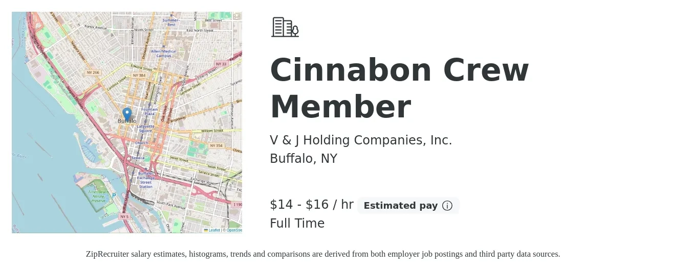 V & J Holding Companies, Inc. job posting for a Cinnabon Crew Member in Buffalo, NY with a salary of $15 to $17 Hourly with a map of Buffalo location.