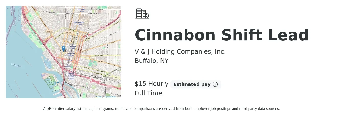 V & J Holding Companies, Inc. job posting for a Cinnabon Shift Lead in Buffalo, NY with a salary of $16 Hourly with a map of Buffalo location.