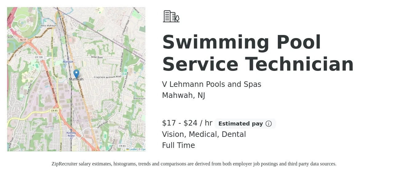 V Lehmann Pools and Spas job posting for a Swimming Pool Service Technician in Mahwah, NJ with a salary of $18 to $25 Hourly and benefits including dental, medical, pto, retirement, and vision with a map of Mahwah location.