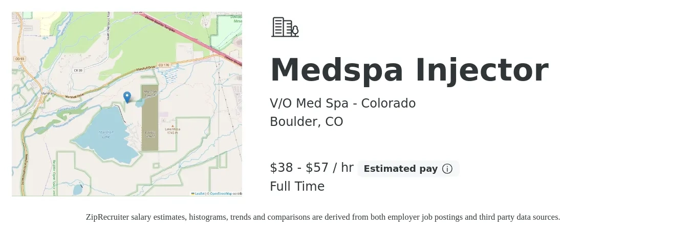 V/O Med Spa - Colorado job posting for a Medspa Injector in Boulder, CO with a salary of $40 to $60 Hourly with a map of Boulder location.