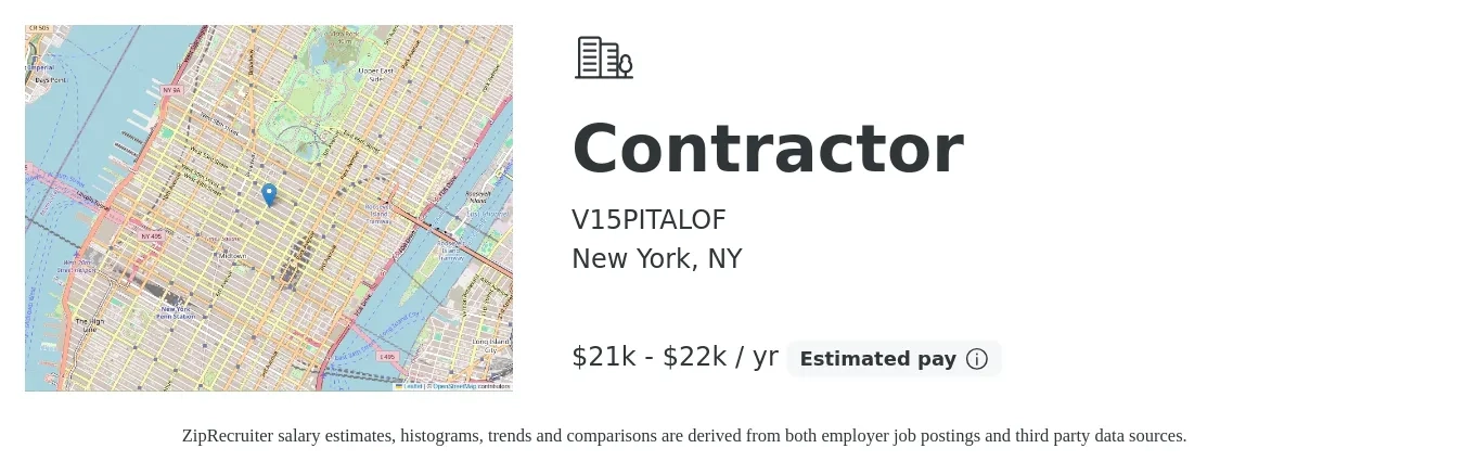 V15PITALOF job posting for a Contractor in New York, NY with a salary of $21,122 to $22,121 Yearly with a map of New York location.