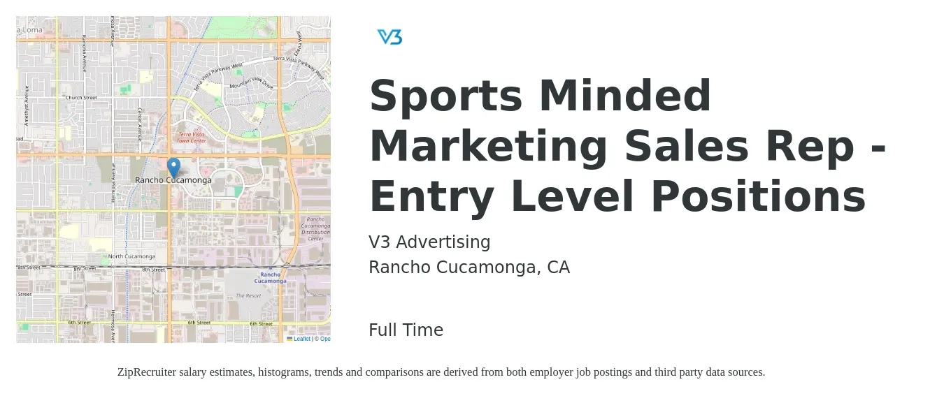 V3 Advertising job posting for a Sports Minded Marketing Sales Rep - Entry Level Positions in Rancho Cucamonga, CA with a salary of $900 to $1,500 Weekly with a map of Rancho Cucamonga location.