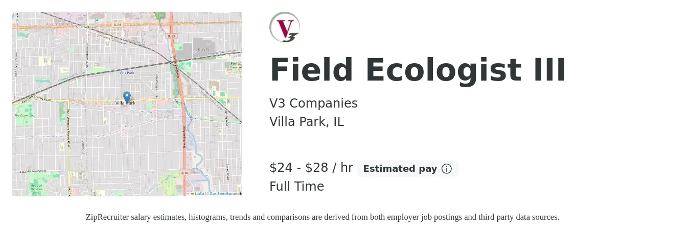 V3 Companies job posting for a Field Ecologist III in Villa Park, IL with a salary of $25 to $30 Hourly with a map of Villa Park location.